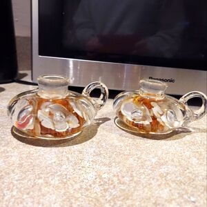 Joe ST Clair PAIR of Paperweight Art Glass Candle Holder Golden Flowers
